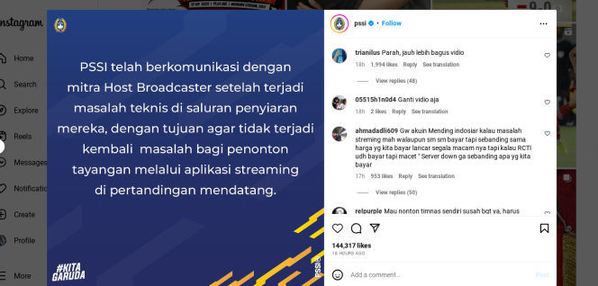 
 Protes warganet Indonesia terkait layanan streaming Vision+ (dok. instagram PSSI)